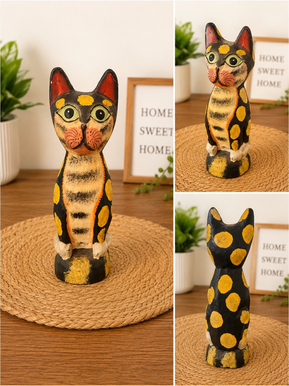 Vintage Hand Carved Folk Art Cat Figurine, Hand Painted Wooden Cat Statue